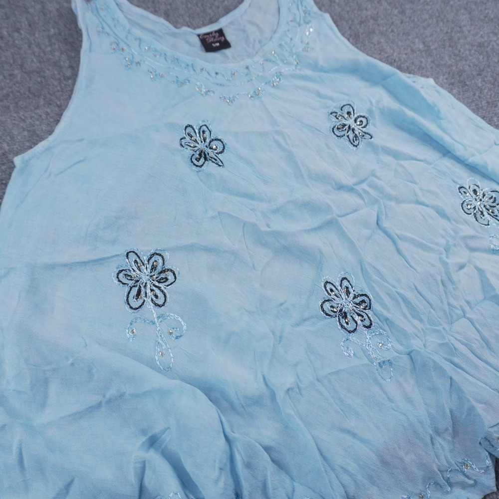 Emily Stacy Tank Top Women S/M Blue Floral Embroidered Rhinestone Crinkle Boho